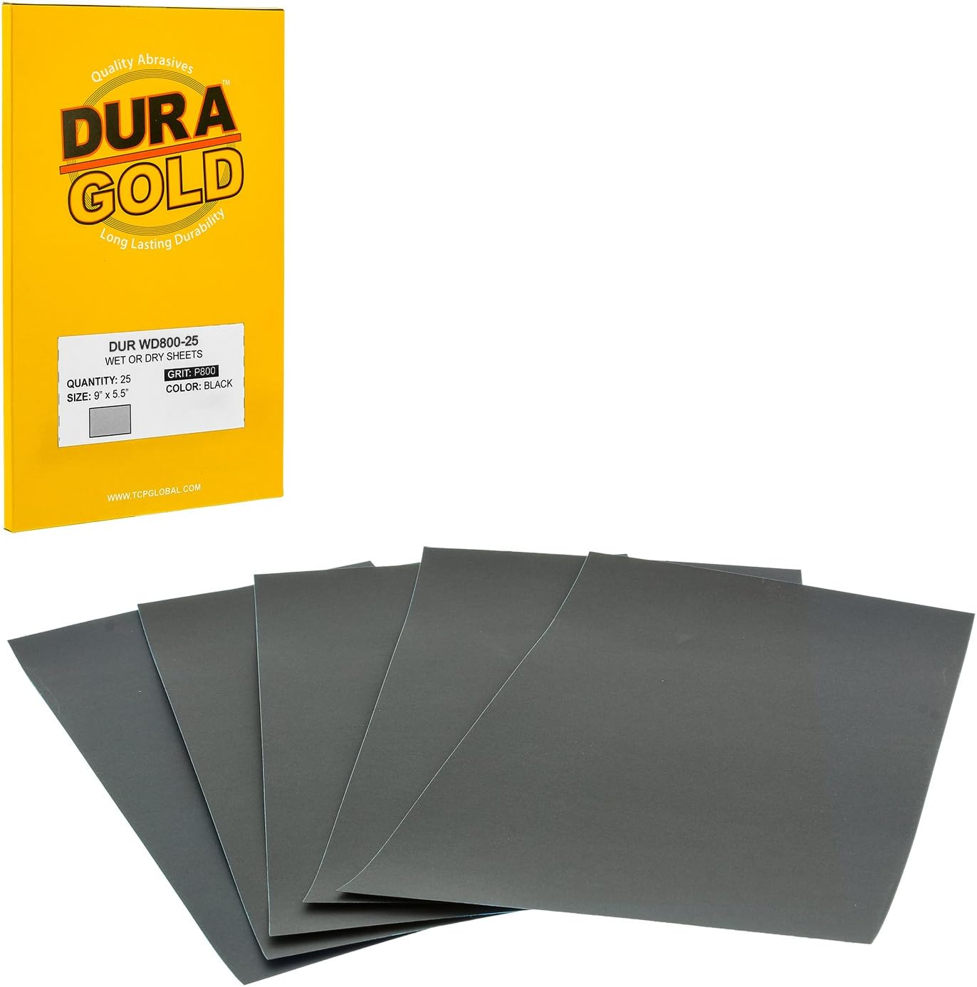 Dura-Gold - Wet or Dry 800 Grit Professional Cut to 5-1/2" x 9" Sheets Color Sanding and Polishing for Automotive Woodworking Box of 25 Sandpaper Finishing