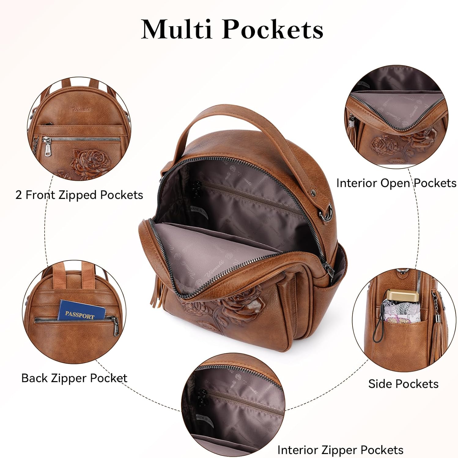 Mini Backpack Purse for Women,Embossed Leather Small Backpack Fashion Travel Backpacks Daypacks Shoulder Handbag (BROWN-Flower) - Image 5