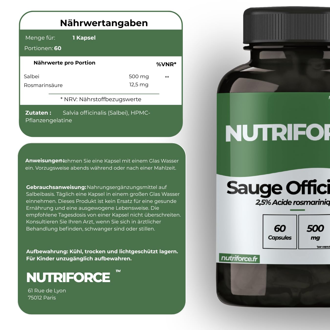 Salbei 500mg – Salvia officinalis – 100% Vegan – HACCP – 30 bis 60 Tage – Frankreich