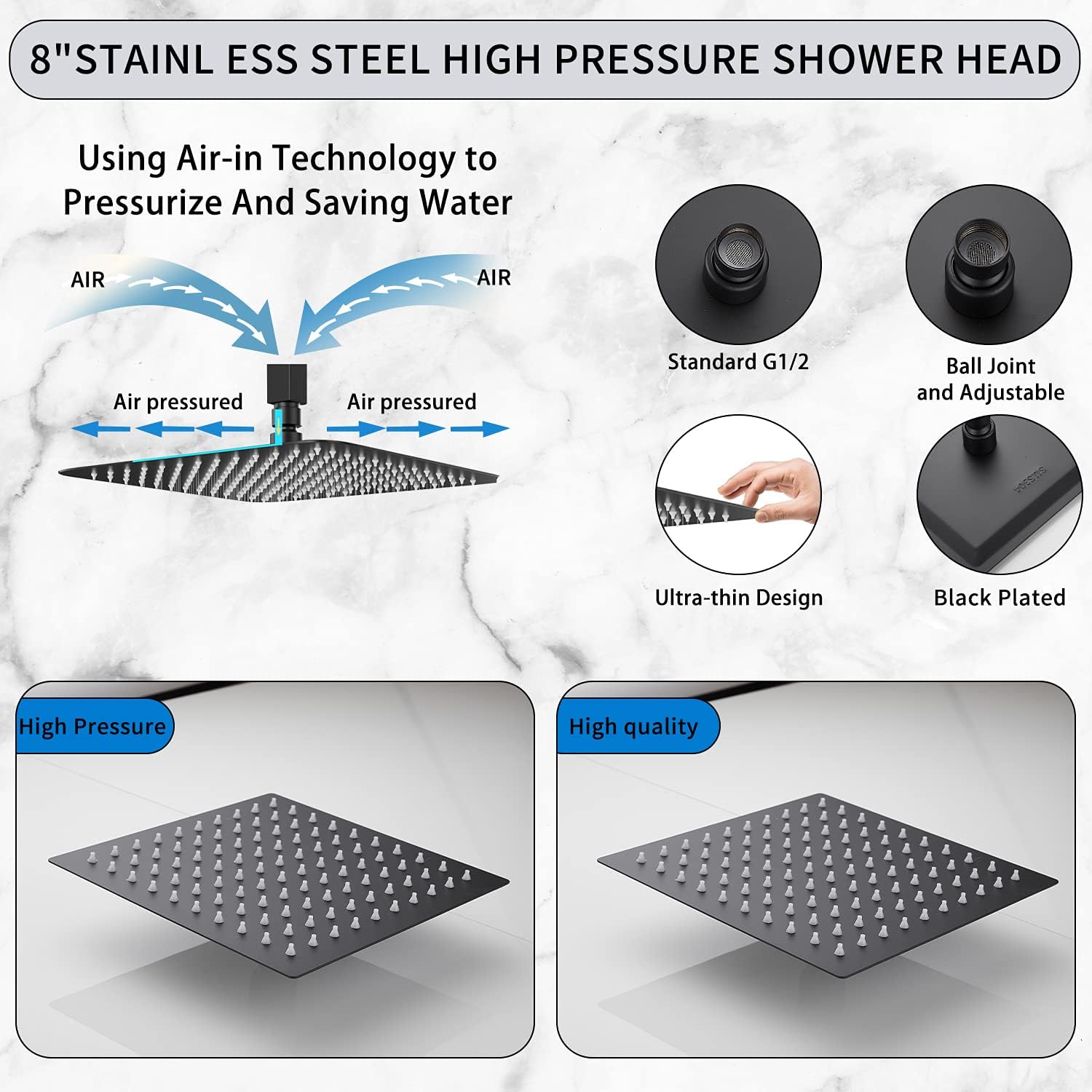 Hot Deals Shower Faucet GGStudy Shower Trim Kit with Rough-in Valve Shower Set Bath Rainfall Shower Faucet System 8inch Square Stainless Steel Metal Shower Heads with Handheld Spray Black