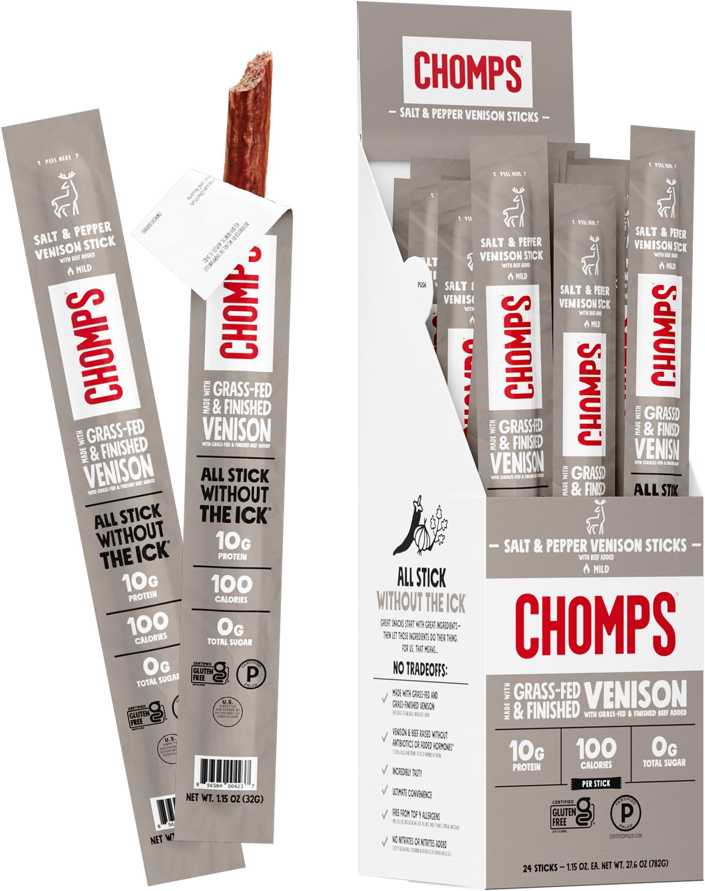 Grass Fed Venison Jerky Snack Sticks, Keto & Paleo, Whole30 Approved, Non-GMO, Gluten Free, Sugar Free, Nitrate Free, 90 Calorie Snacks, 1.15 Oz Meat Stick, Pack of 24