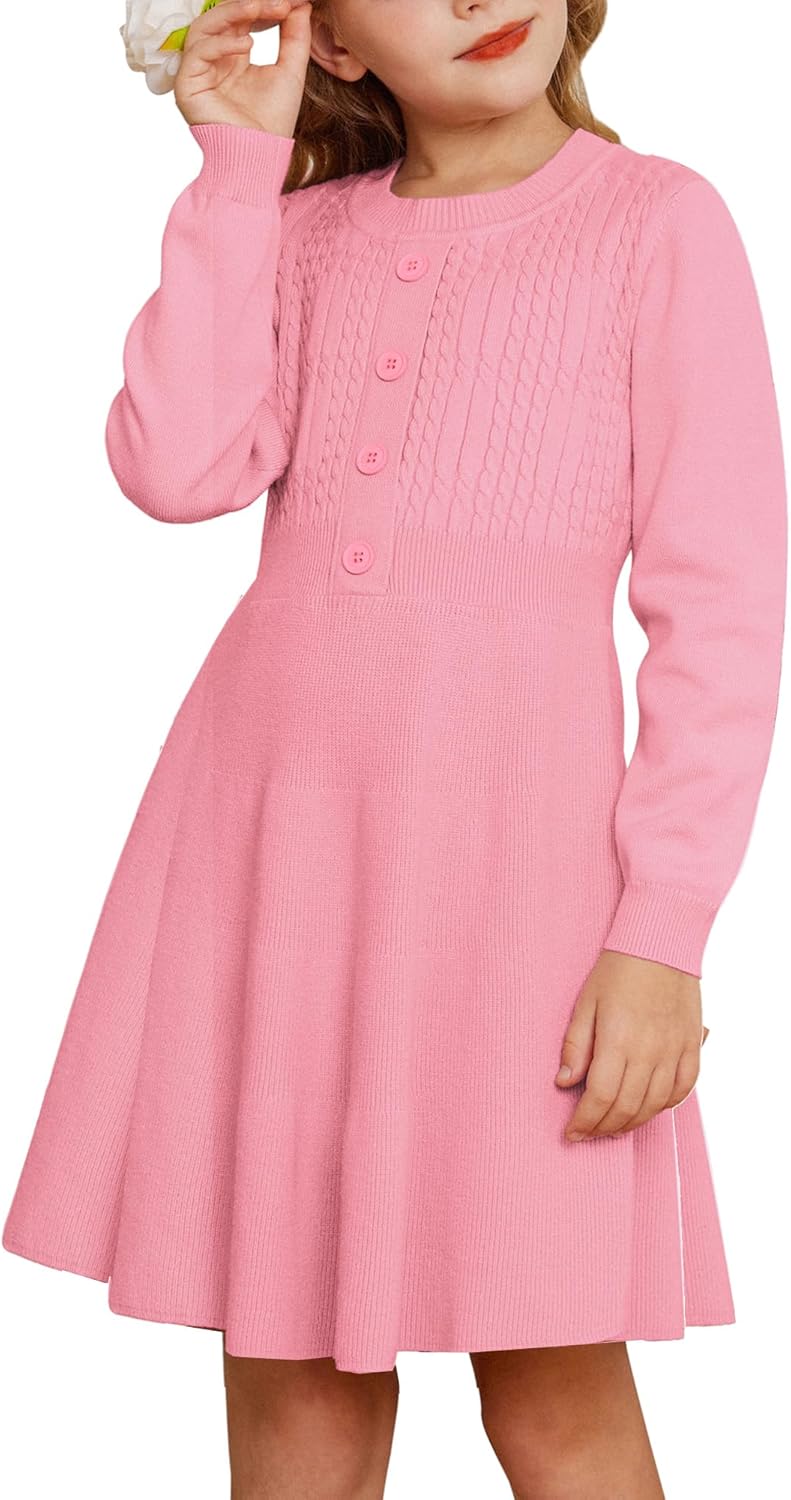 GRACE KARIN Girl Dress Long Sleeve Sweater Ruffle Button Front Knit Casual Fall Winter Dresses for Girls 5-12 GRACE KARIN Girl Dress Long Sleeve Sweater Ruffle Button Front Knit Casual Fall Winter Dresses for Girls 5-12