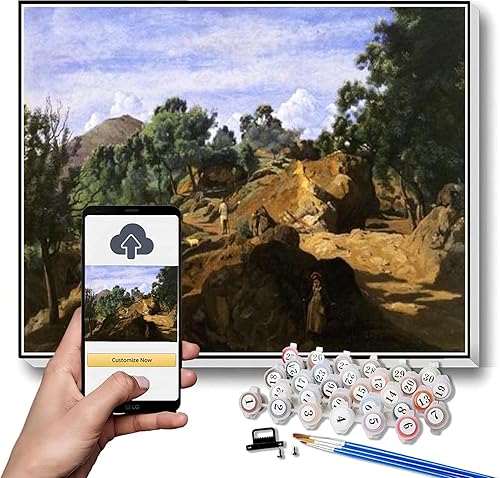 Pintura por números para adultos, una madera de castaño entre las rocas, pintura de Camille Corot Arts Craft para decoración de pared del hogar