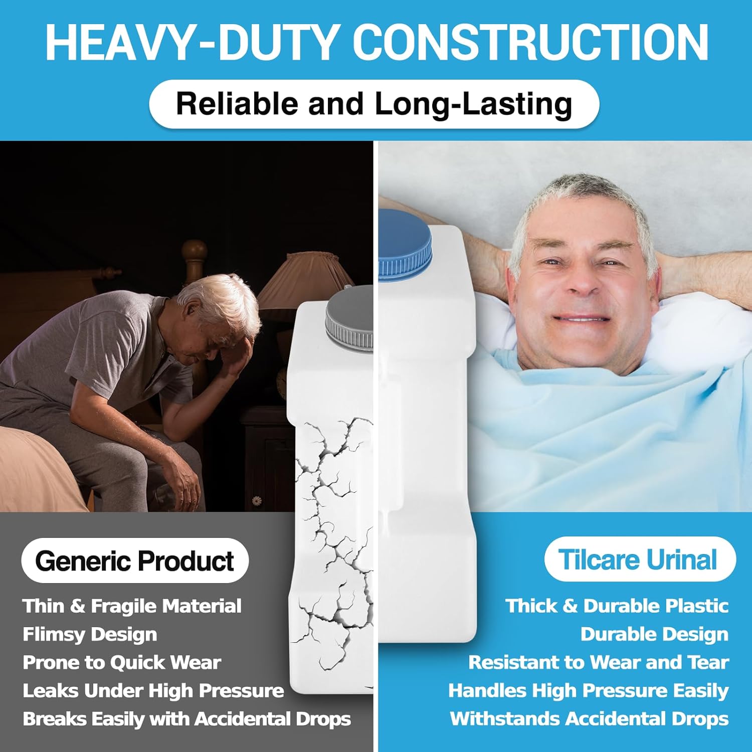 Comparison image showing a 'Generic Product' with cracks and thin material versus 'Tilcare Urinal' made of thick, durable plastic, highlighting its robust construction.