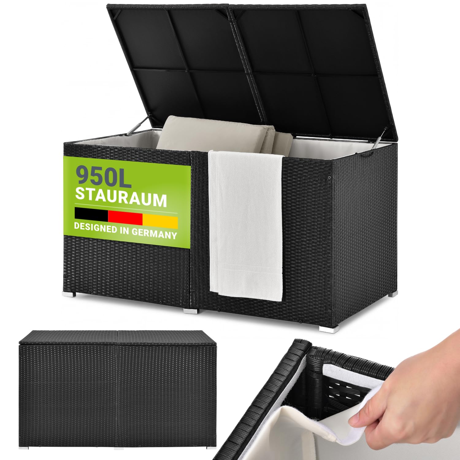 Juskys Polyrattan Auflagenbox Ikaria 950 L inkl. Deckel mit Hubautomatik & Innenplane - Kissenbox 145 x 82 x 79 cm für Garten - Gartenbox schwarz