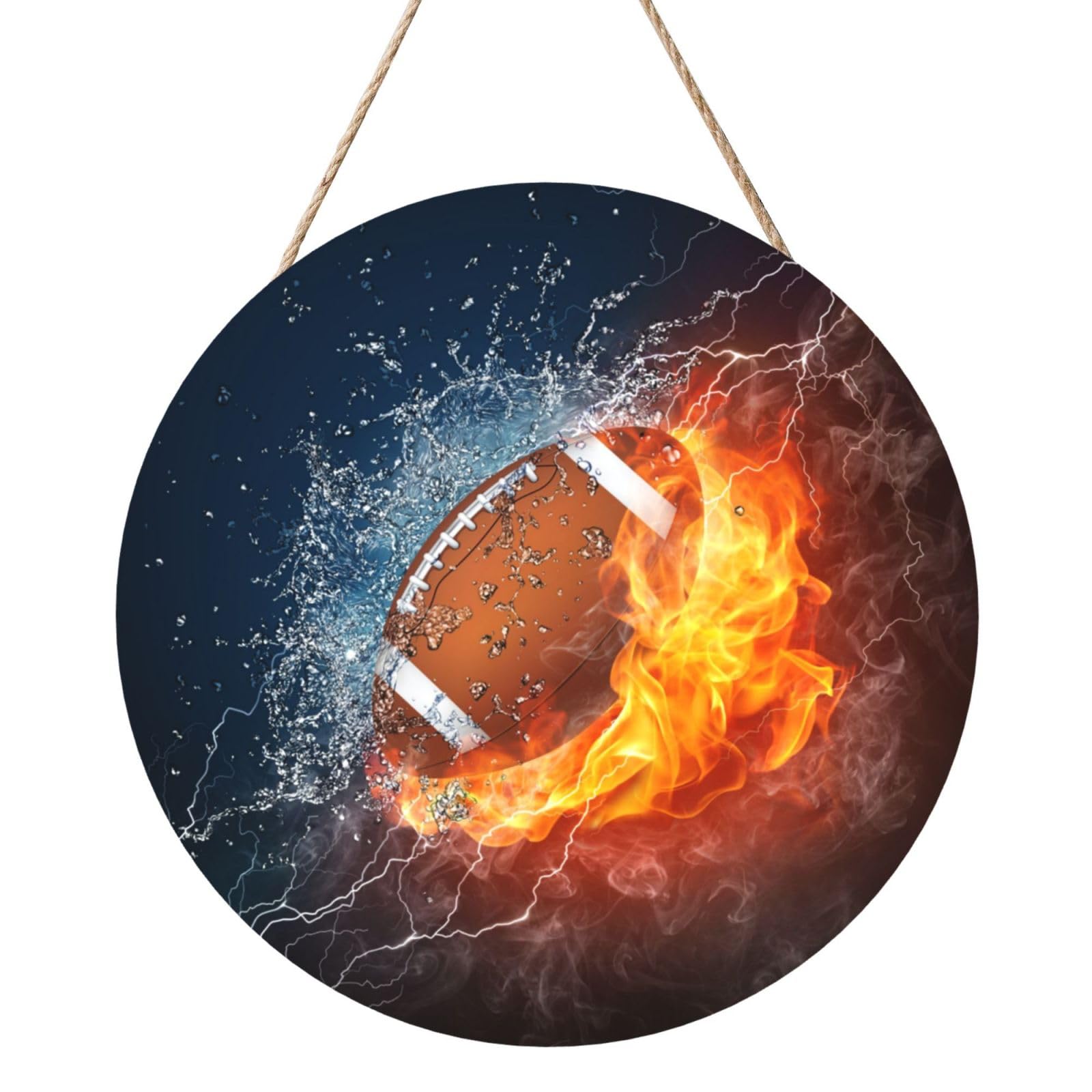 InOmak American Football In Fire And Water, Round Wood Panel Painting 12 in, Wall Hanging Painting For Home