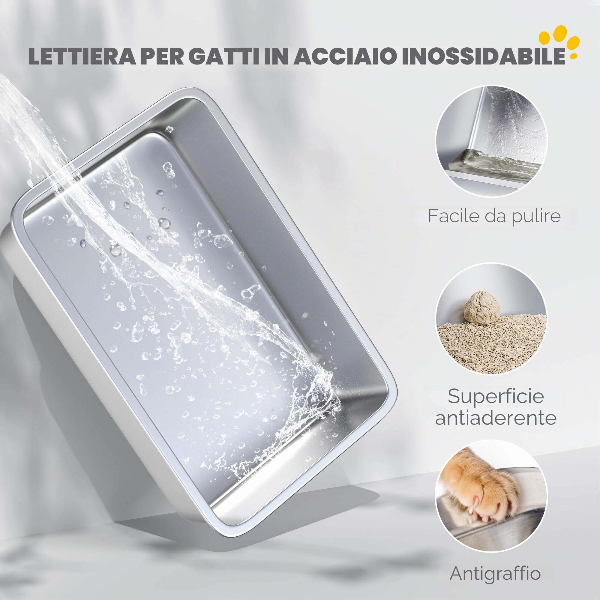 PawHut Lettiera per gatti in acciaio inox con coperchio, XL, con paletta, pedale, facile da pulire, resistente agli odori per gatti di grandi dimensioni fino a 15 kg, 60,2 x 40,2 x 44,5 cm, grigio