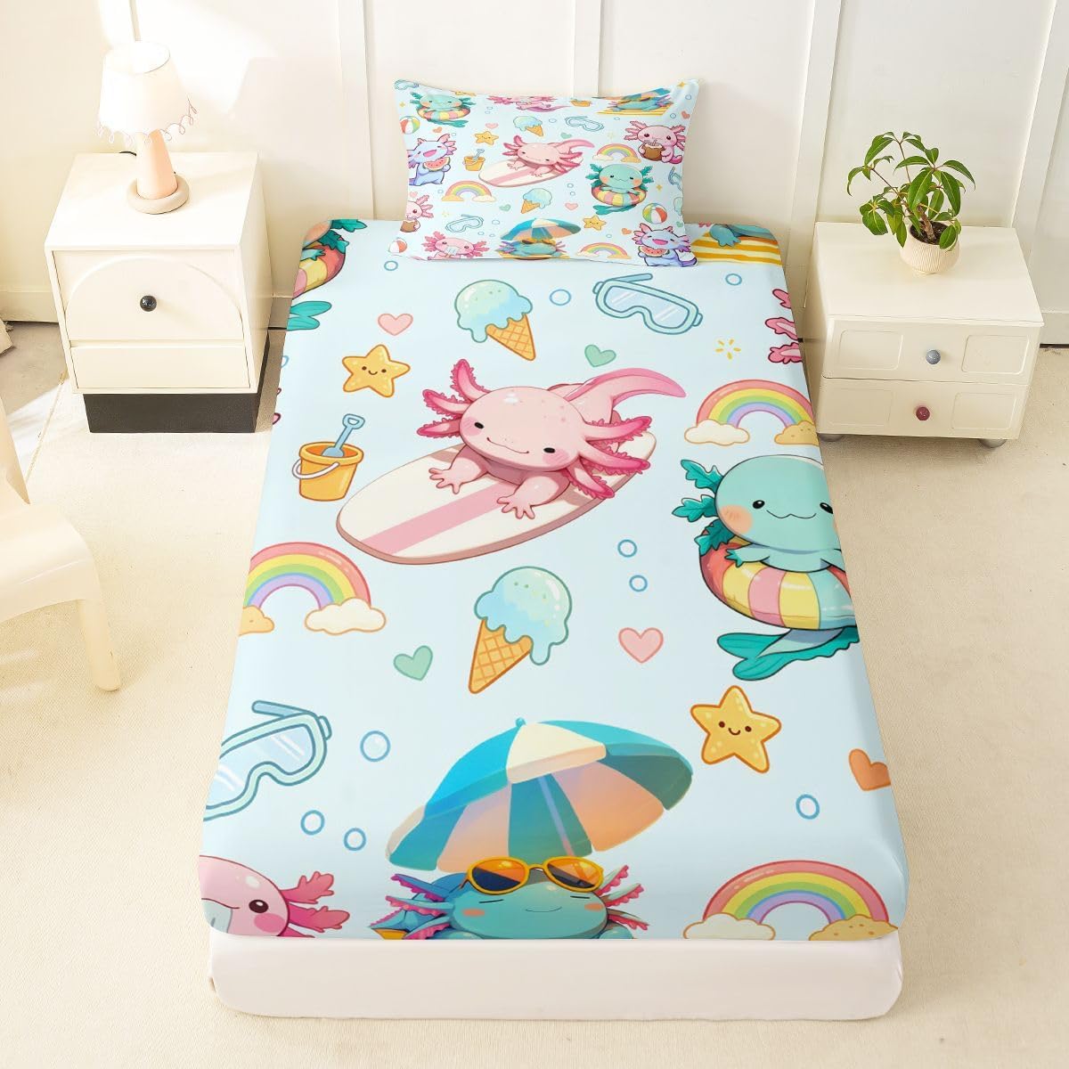 Erosebridal Summer Axolotl Fitted Sheet Twin Size Cute Cartoon Animal Bed Sheets for Kids Teens Rainbow Print Bedding Set Beach Star Decor Sheets