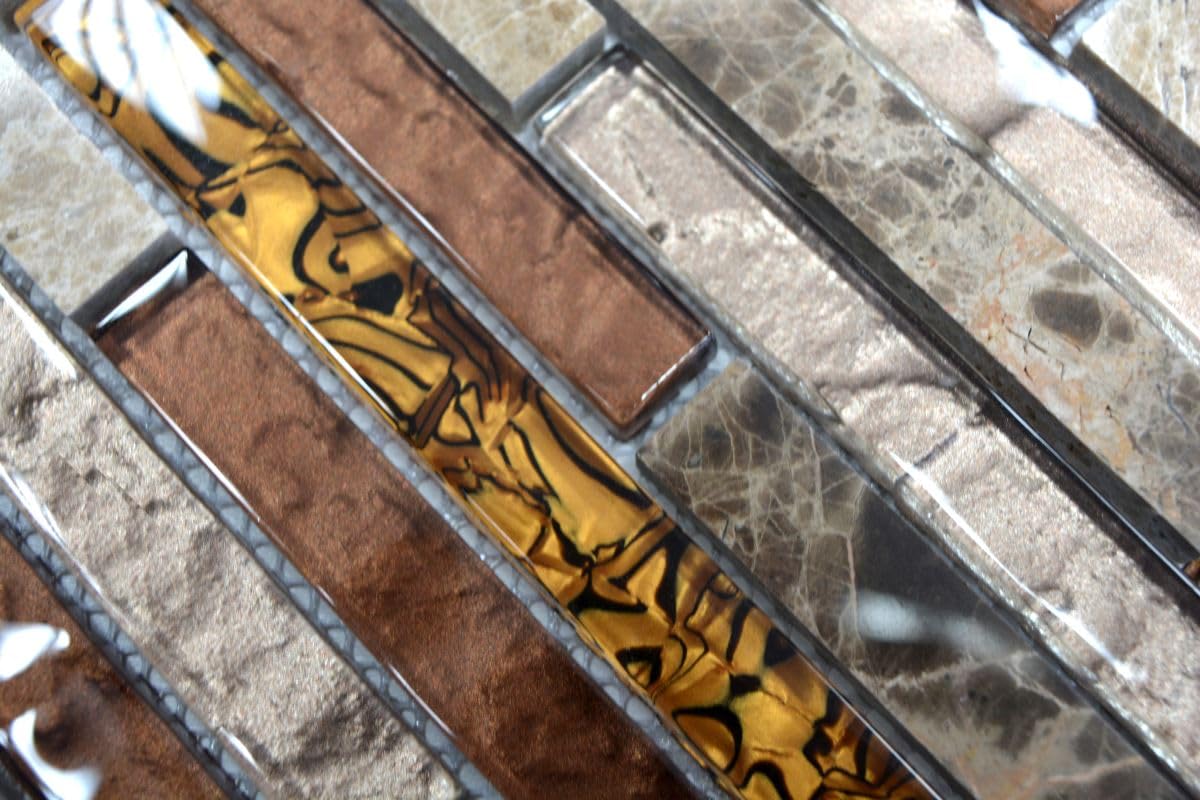 Glasmosaik Verbund Crystal/Marmor mix beige/braun Naturstein Fliesenspiegel, Mosaikstein Format: 15x48/98/148x8 mm, Mattengröße: 298x338 mm, 10 Matten