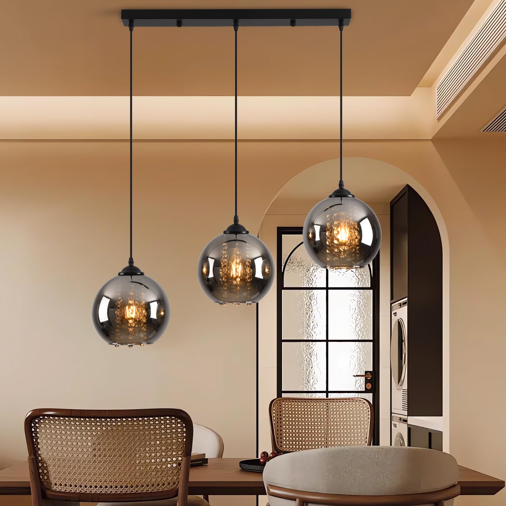 Pendelleuchte Esstisch 3 Flammig Rauchgrau Glas Hängelampe | Höhenverstellbar Esszimmer Lampe Hängend Vintage Esstischlampe Hängend Schwarz E27 für Küchen Esszimmer Wohnzimmer