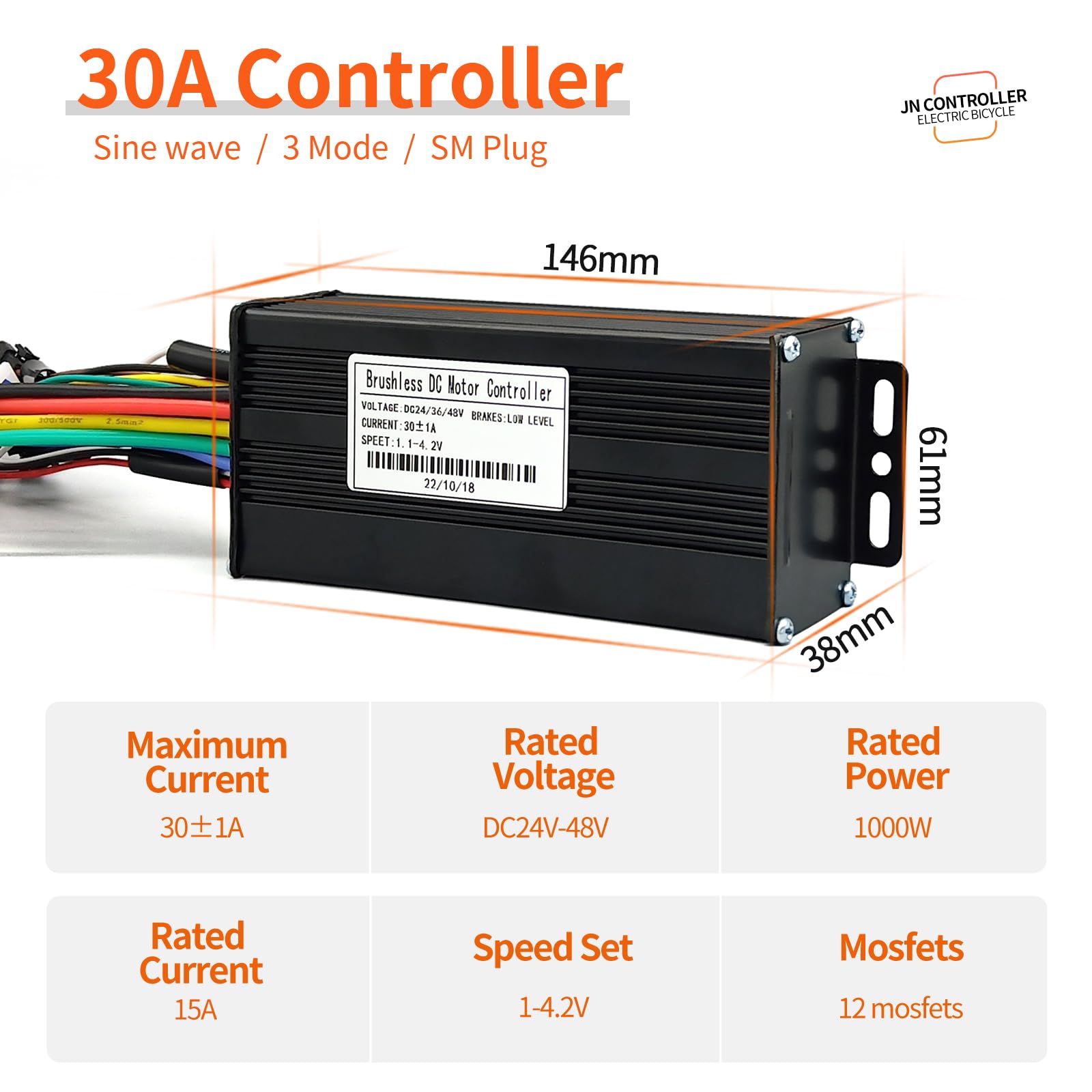 Ebike 30A Sine Wave Controller with CS866 Color Display, Adjustable Throttle & PAS for 500W 800W 1000W 1800W Electric Bicycles Hub Motor