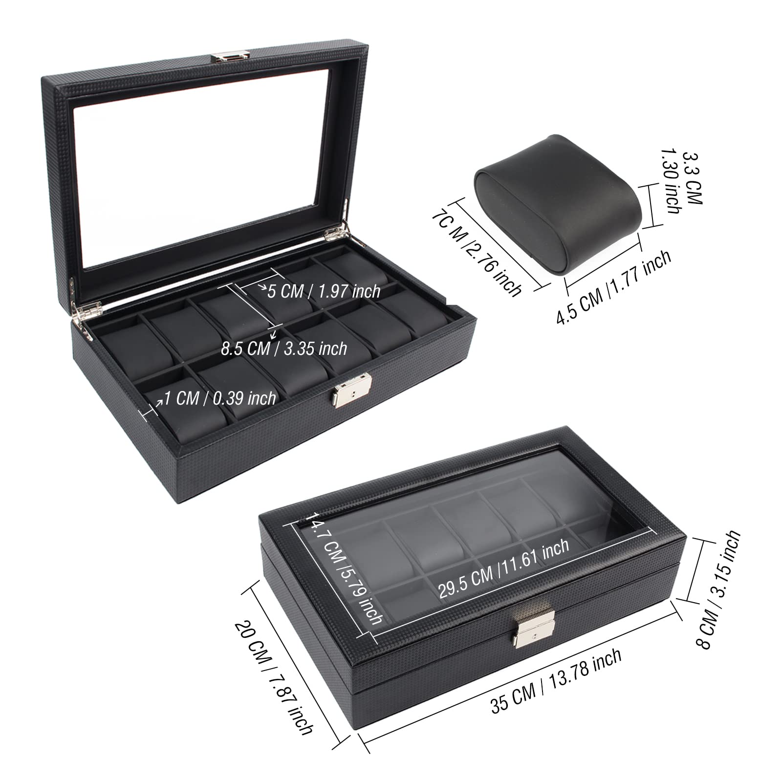 Gramiibeau Boîte à Montres Homme, Noir, 12 Compartiments, Rangement Montre avec Couvercle en Verre, Aspect Tressé, Couvercle en Métal, 35 x 20 x 8 CM