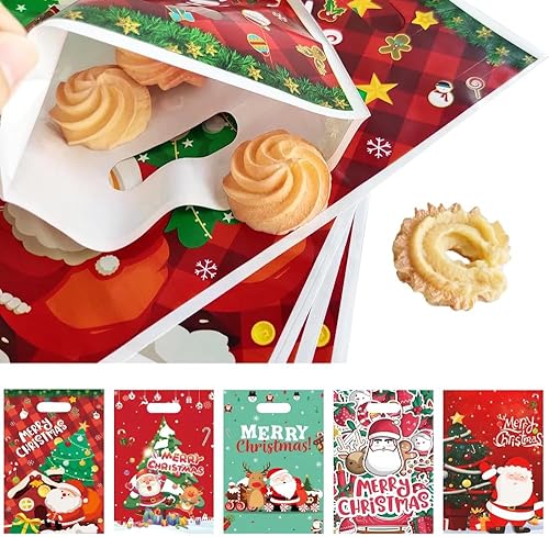 Miniatura 4 de 50 bolsas pequeñas de regalo de Navidad con asas, bolsas de plástico para dulces de Navidad, a granel, Papá Noel, árbol de Navidad, muñeco de nieve,