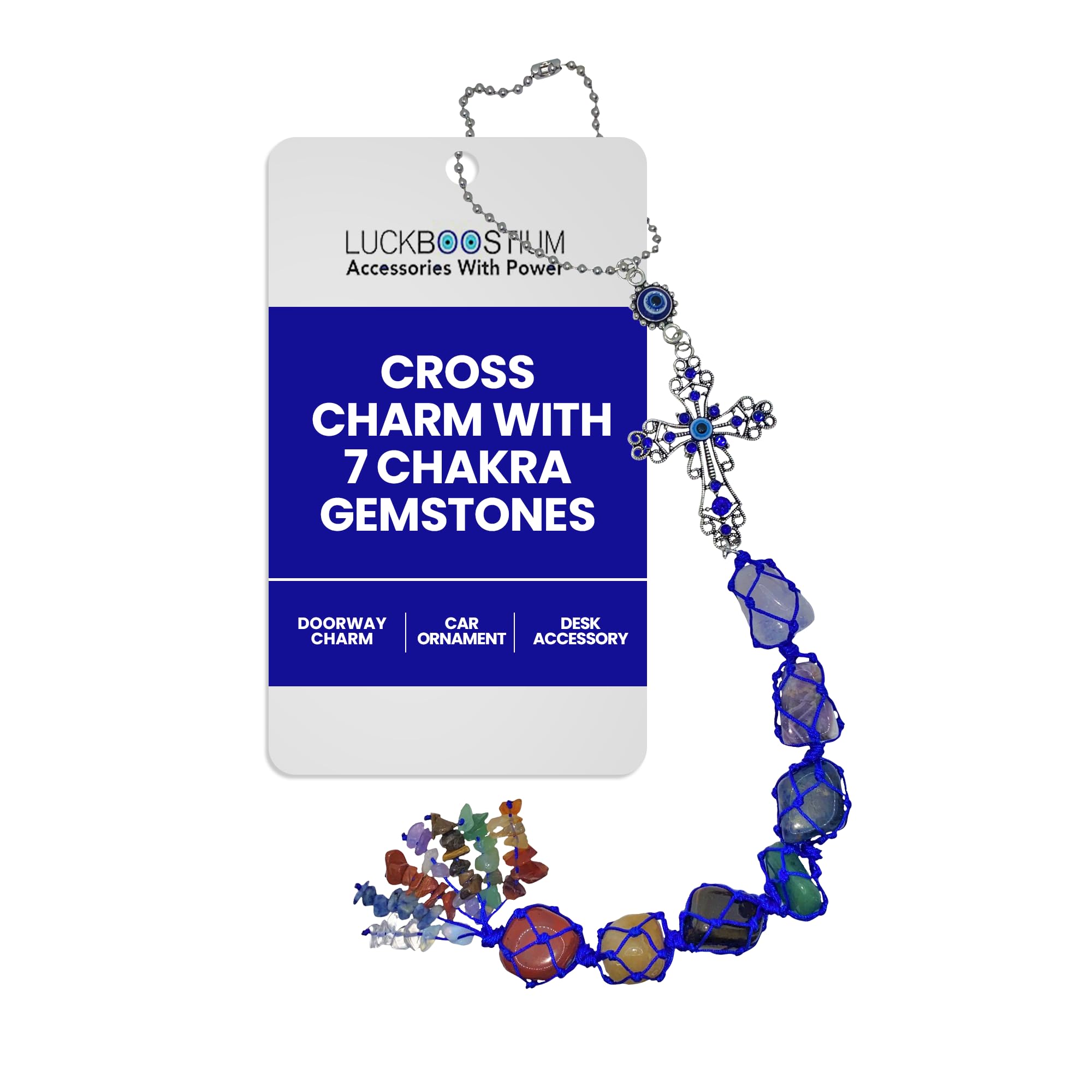 LUCKBOOSTIUM Evil Eye Cross with 7 Chakra Hanging Charm and Gemstones - Evil Eye Keychain for Divine Protection, Decorative Spiritual Car Rear View