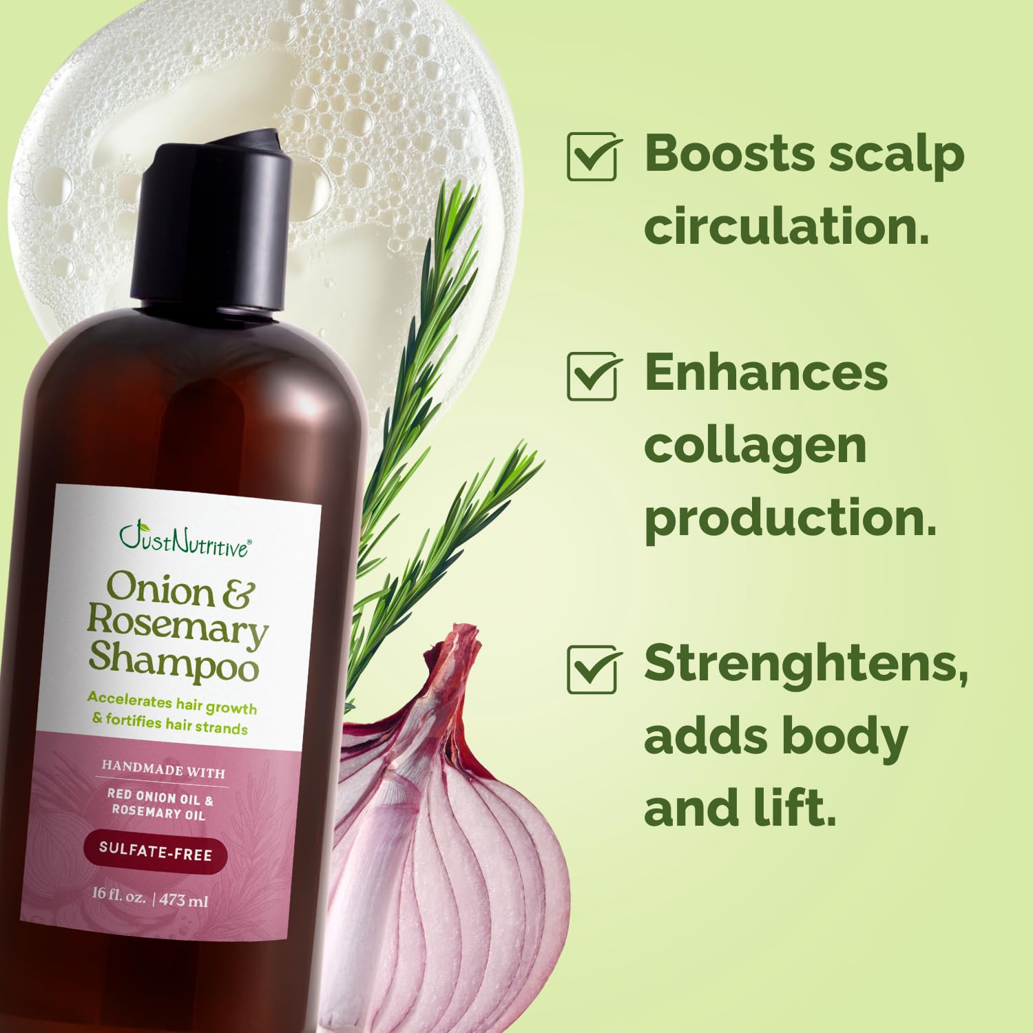 Just Nutritive Onion & Rosemary Shampoo for Hair Growth, Sulfate-Free, 16 oz