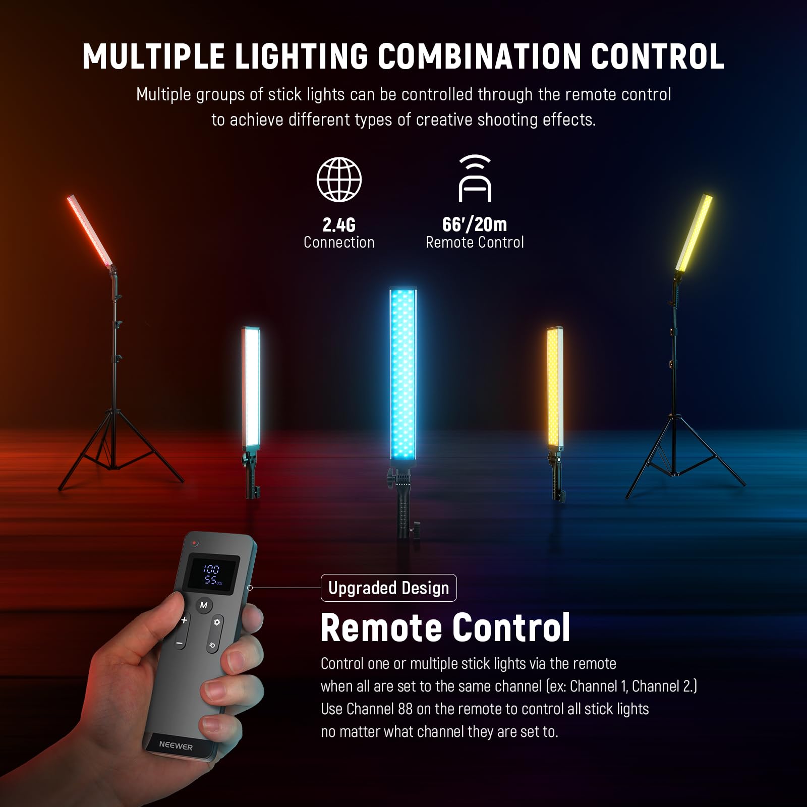 NEEWER TL60 RGB Tube Light, 20W Full Color LED Video Wand, APP/2.4G/DMX Control, 7 Pixel Effects 2500-10000K CRI97+, Radio Frequency, with Adapter, Mount, Cable, Bag: BH20B Silver