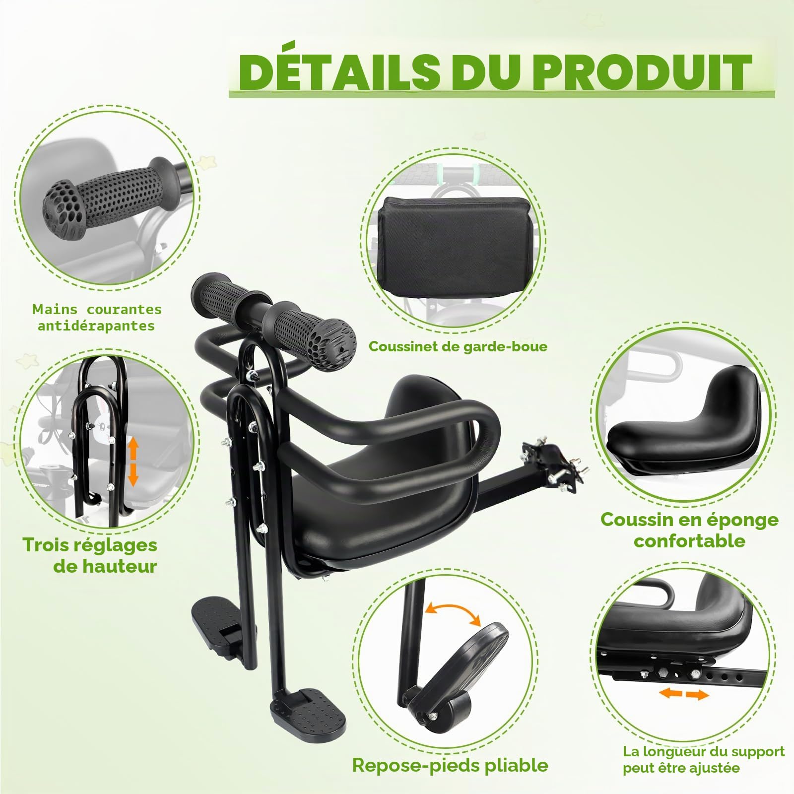 ZUKKA Siège de vélo pour enfant Sièges pour enfants à l'avant Support de charge jusqu'à 25 kg / 55 livres pour enfants Siège pour enfant à l'avant pour vélos, siège d'enfant avec pédales, support pour