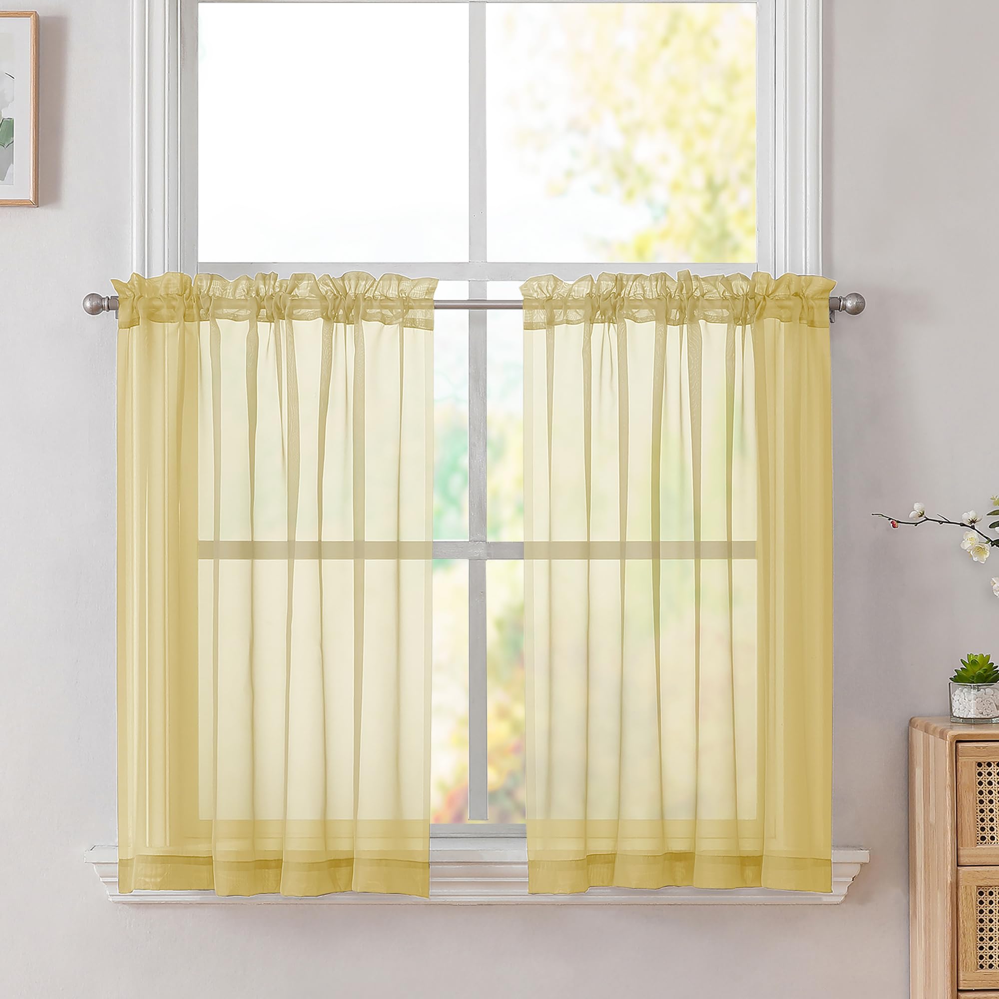 Simplebrand Yellow Short Sheer Kitchen Curtains 36 Inch Length Tier Rod Pocket Sheers Cafe Drapes Half Window for Bathroom Small Windows 42 x 36 Inch, 2 Panels