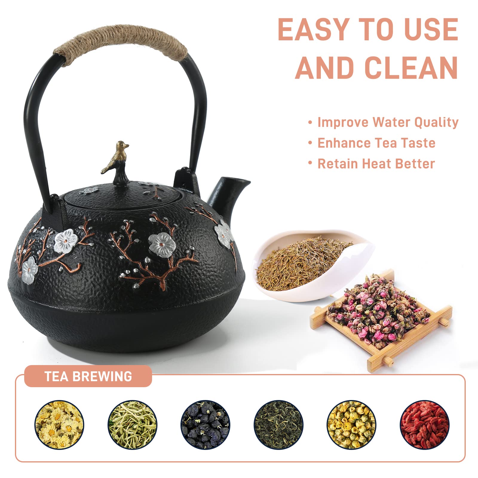 Juego de té de estilo japonés, hermoso juego de tetera de hierro fundido negro con 4 tazas, 1 salvamanteles y 1 soporte de tapa, tetera de 40 onzas con infusor para estufa