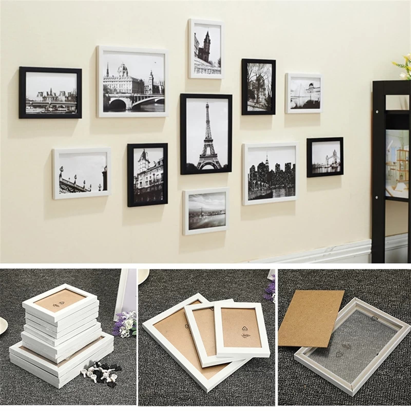 Marcos de fotos Marcos de fotos de madera, marco de fotos de pared, exhibición de fotos familiares, decoración de pared for sala de estar y dormitorio, 15 unidades por juego Visualización de fotos con