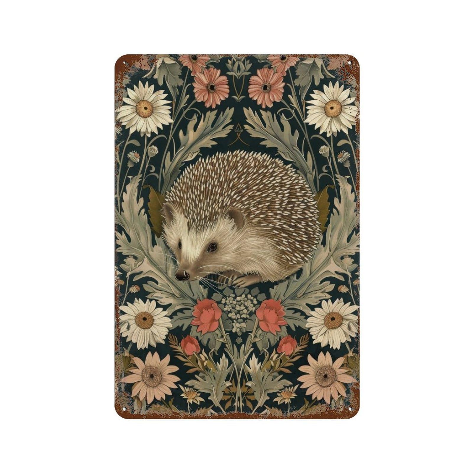 Hedgehog in A Floral Pattern William Morris Style Cottagecore Vintage Nature Illustration Rustic Decor Wall Decor Art Metal Tin Poster Modern Home Decor Art Home Bar Shop Decorations Vintage Sign 30x