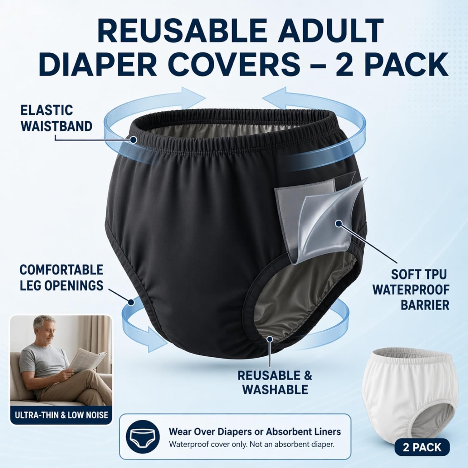 Leakproof Cloth Diaper Covers for Adult, Incontinence Protective Briefs Underwear, Reusable Plastic Pants Special Needs 2Pcs (WhiteBlack, L)