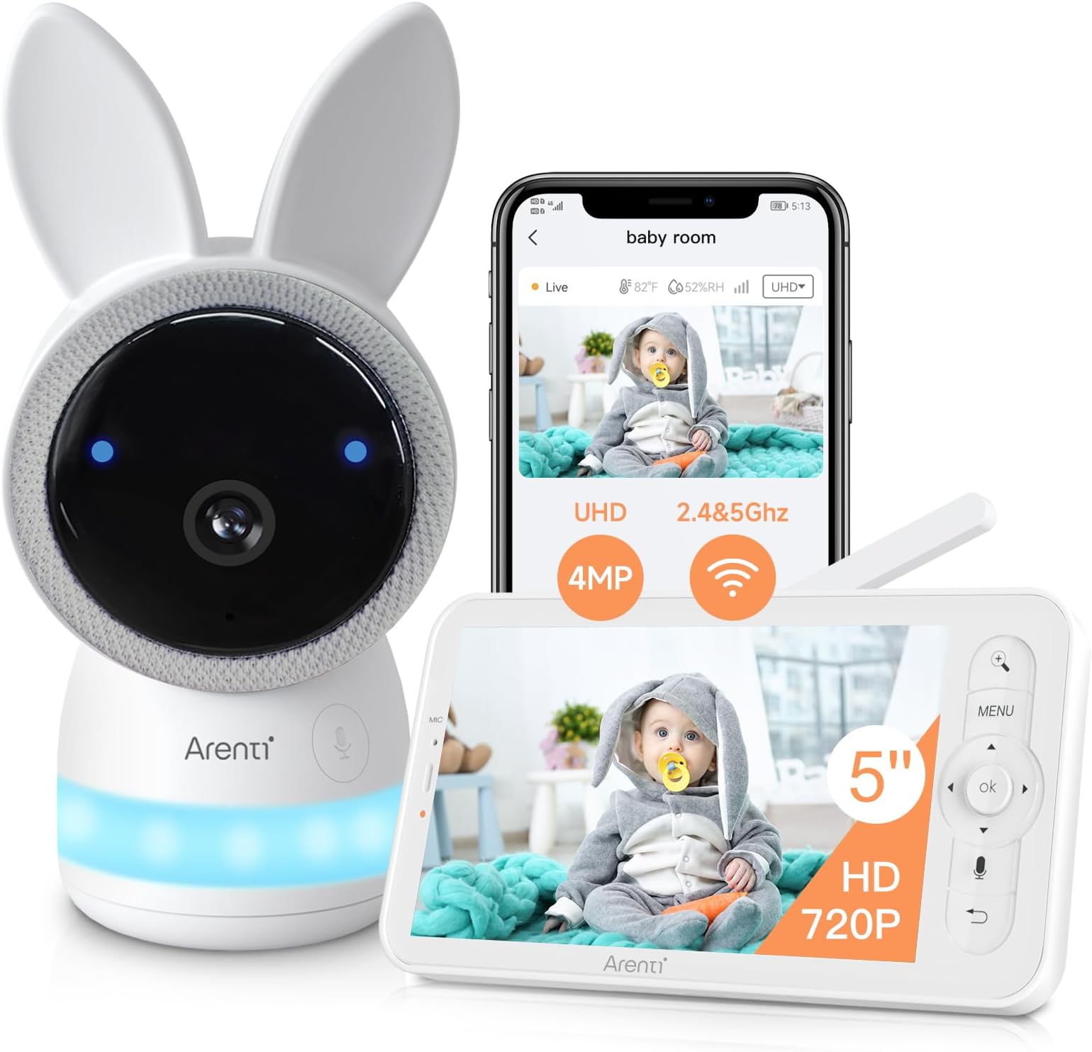 ARENTI 2.5K Smart Wifi Baby Monitor with Camera and App,Night Vision,5G&2.4Ghz Dual Brand,5'' Split Display,Pan Tilt,3350mAh Battery,2-Way Talk,6-Color Night Light,Long Range,Remote Control