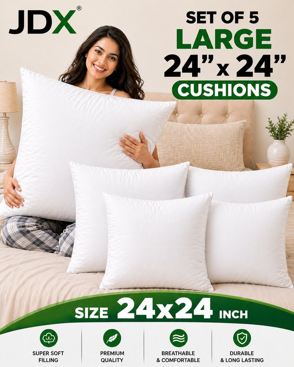 JDX Cushions | Hotel Quality Premium Fibre Sofa Cushions Set of 5 | Cushion 24 inch x 24 inch | Sofa Pillow,Cushion,Cushions for Sofa, Cushion Pillow,Cushions for Bed (Color White) discount deal
