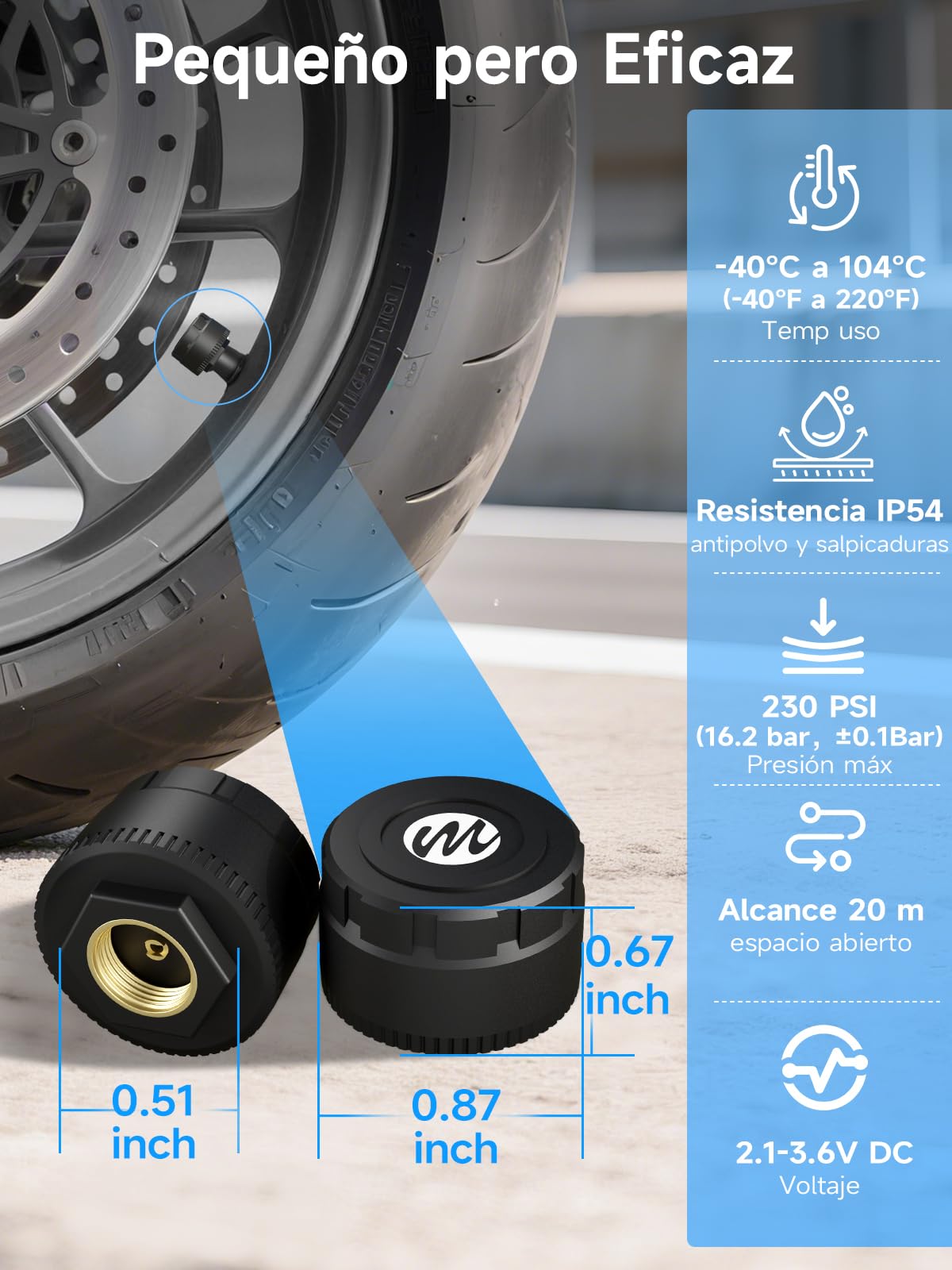 Moman Sistema TPMS Moto 2 Sensores, Monitor Presión y Temperatura Neumáticos con Alarma Manómetro de Presión de Neumáticos, Inalámbrico Solo iOS