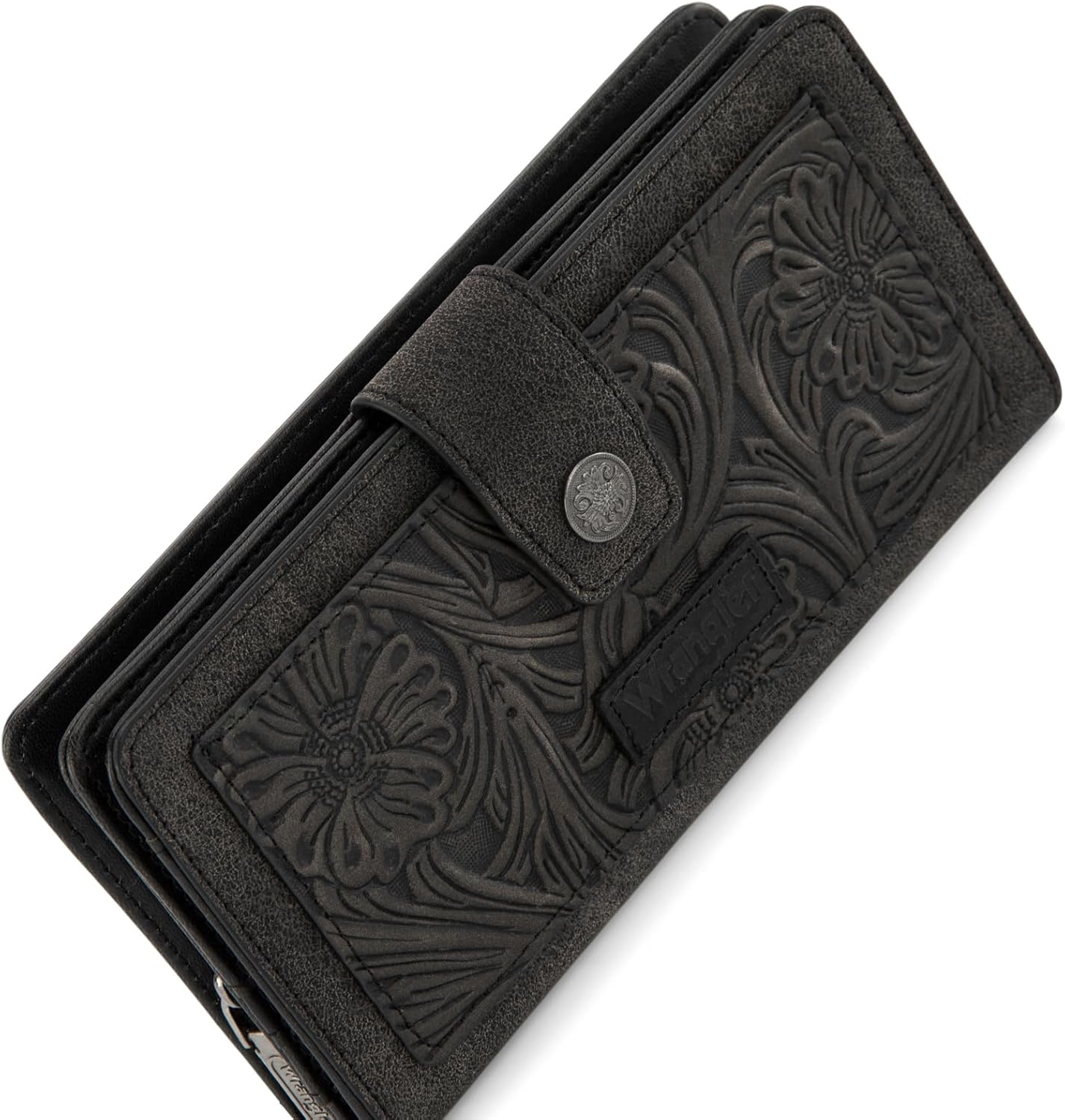 Montana West X Wrangler Black Tooling Flower Wallet for Women Bifold Zipper Wallets, Card Cases & Money Organizers Large Capacity Phone Cash Wallet Ladies Female Western Clutch Wallets with ID Window - Image 5