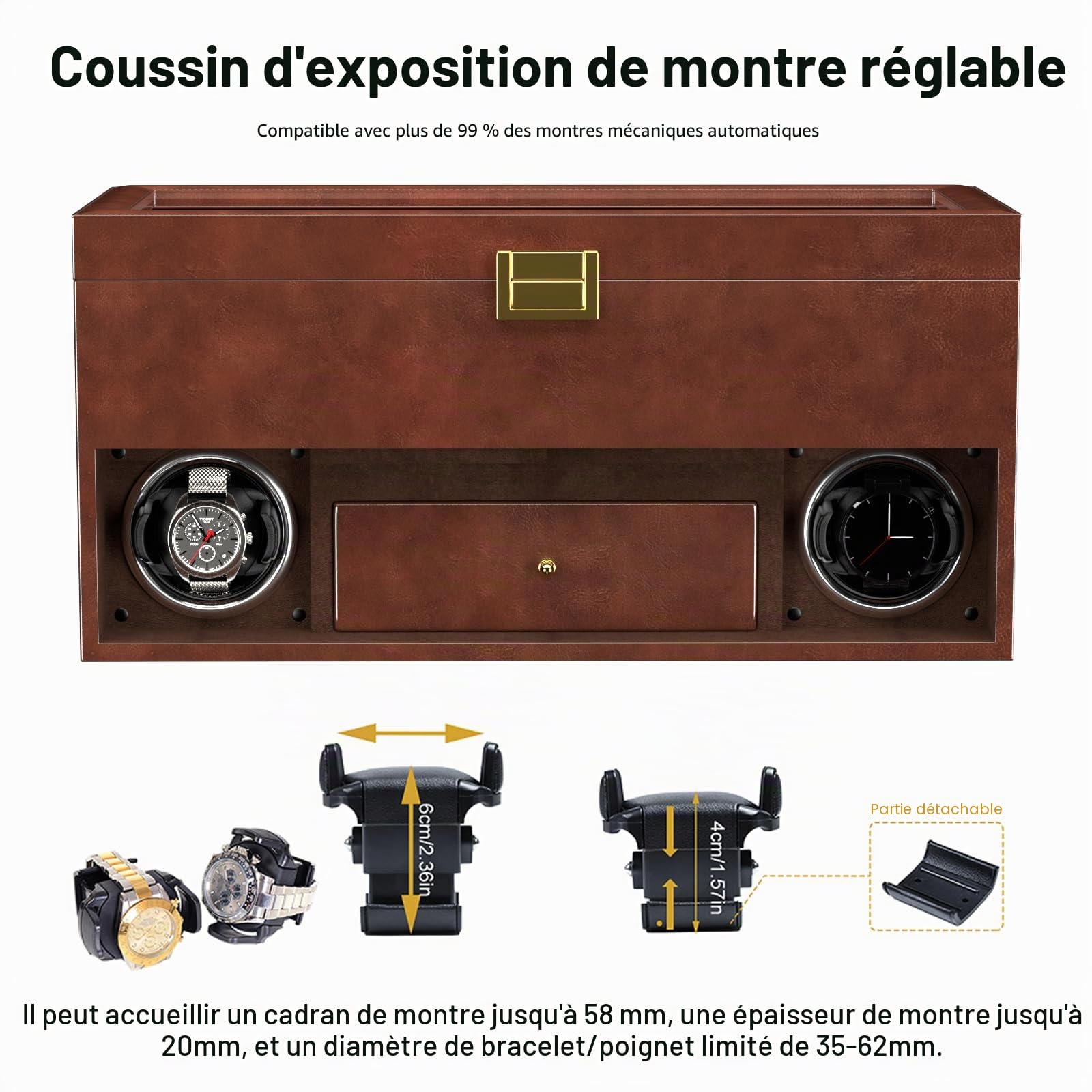XTELARY Double Remontoir pour 2 Montres automatiques avec vitrine de Montre à 16 Compartiments, boîte à tiroirs, 4 Modes de Rotation, Coussin de Montre réglable et lumière LED Bleue pour Les Amateurs