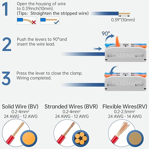 Miniatura 3 de GKEEMARS 30 conectores de cable de palanca, kit de conectores de empalme de 2 conductores para circuito en línea 24-12 AWG (2 en 2 salidas, colorido)