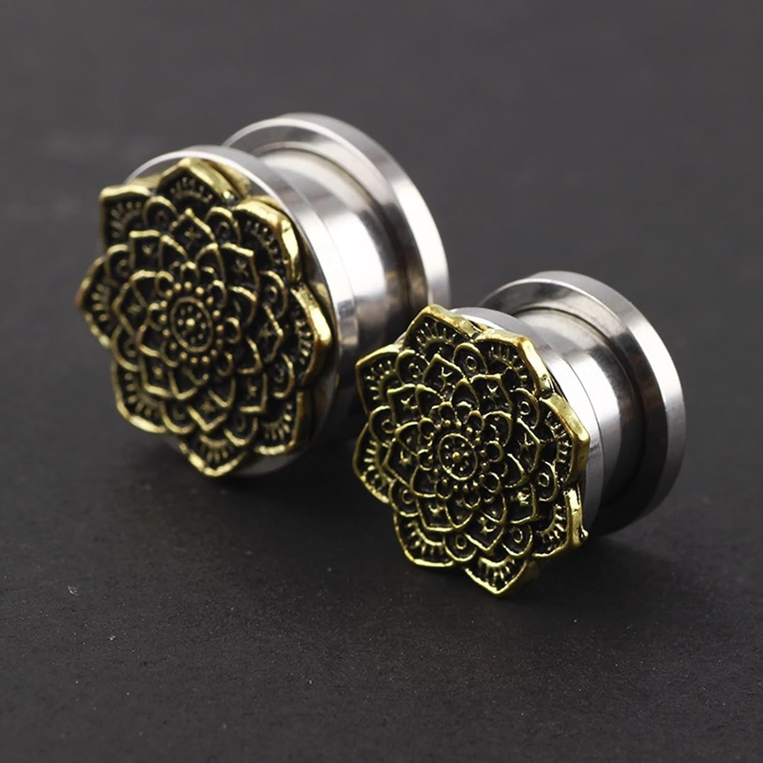 1 Pair Plugs Tunnels 4G - 5/8 inch, Stainless Steel Retro Flower Ear Earlets Ear Gauges Screw Fit Silver Gold Gauge Stretching Kit for Men Women