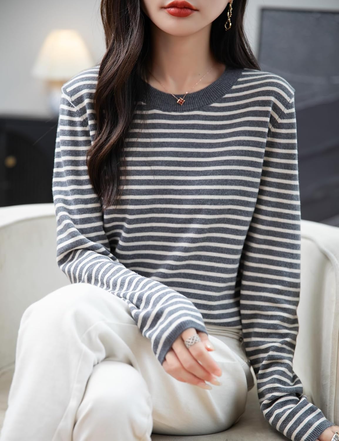 Women's Merino Wool Blend Sweater 2025 Fall Winter Casual Crew Neck Striped Long Sleeve Knit Pullover Sweater - Image 4