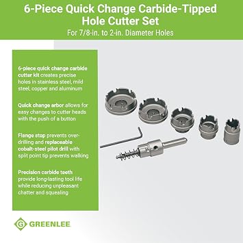 Greenlee 660 6-Piece Quick Change Carbide-Tipped Unfinished Hole Cutter Set, 7/8 - 2