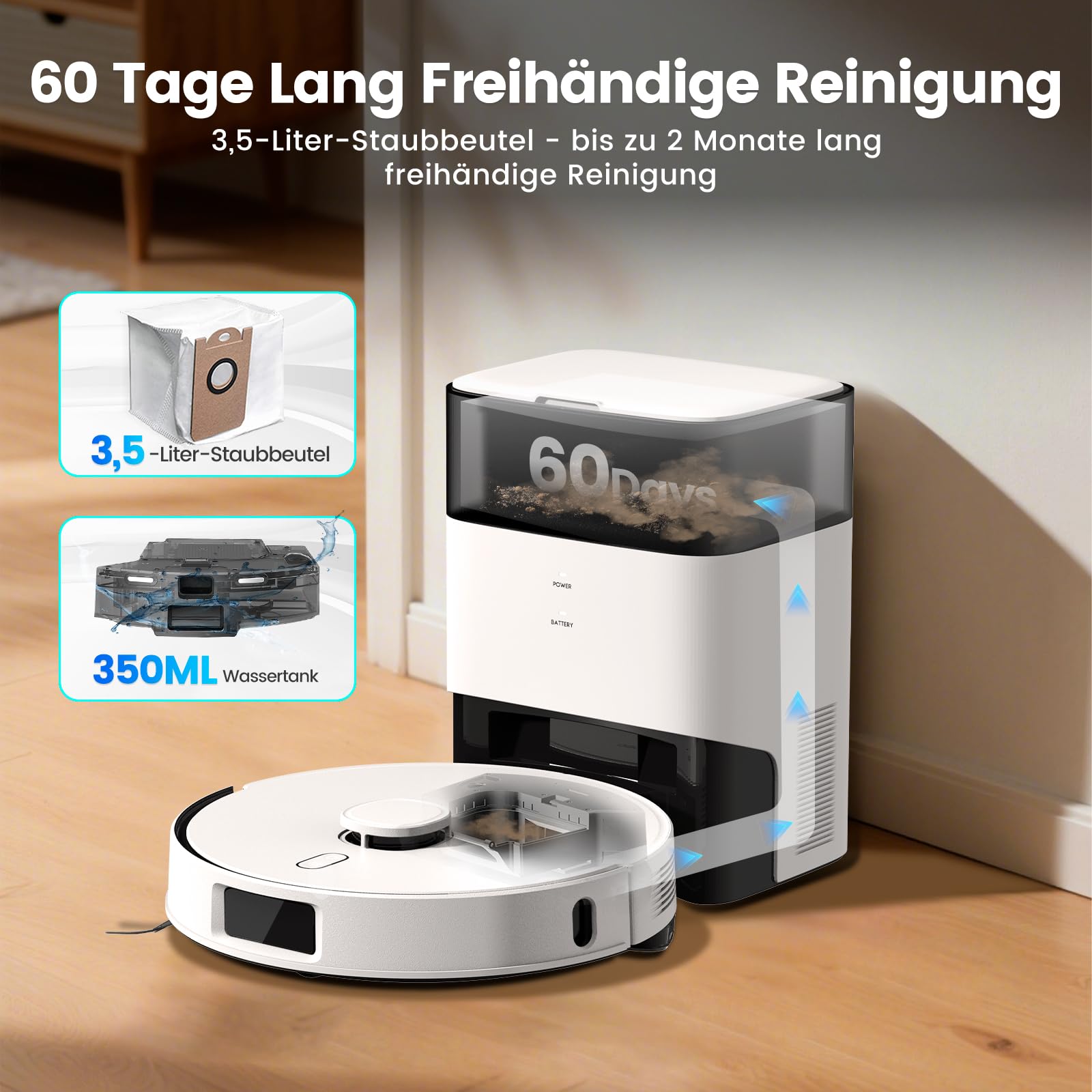 FIXR Saugroboter mit Wischfunktion, Staubsauger Roboter mit Absaugstation 3.5L, 12000Pa Saugkraft, Reaktive 3D-Hindernisvermeidung, T30+ Roboterstaubsauger für Tierhaare und Teppich (Weiß)