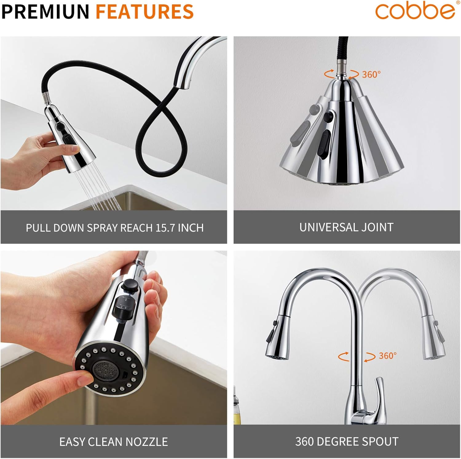 Crеаtіvе Prоduсt Cobbe Kitchen Sink Faucet Single Handle Plate Chrome Pull Down Kitchen Faucet with 3 Sprayer Modes Lead-Free Sink Faucet with 10” Deck Plate