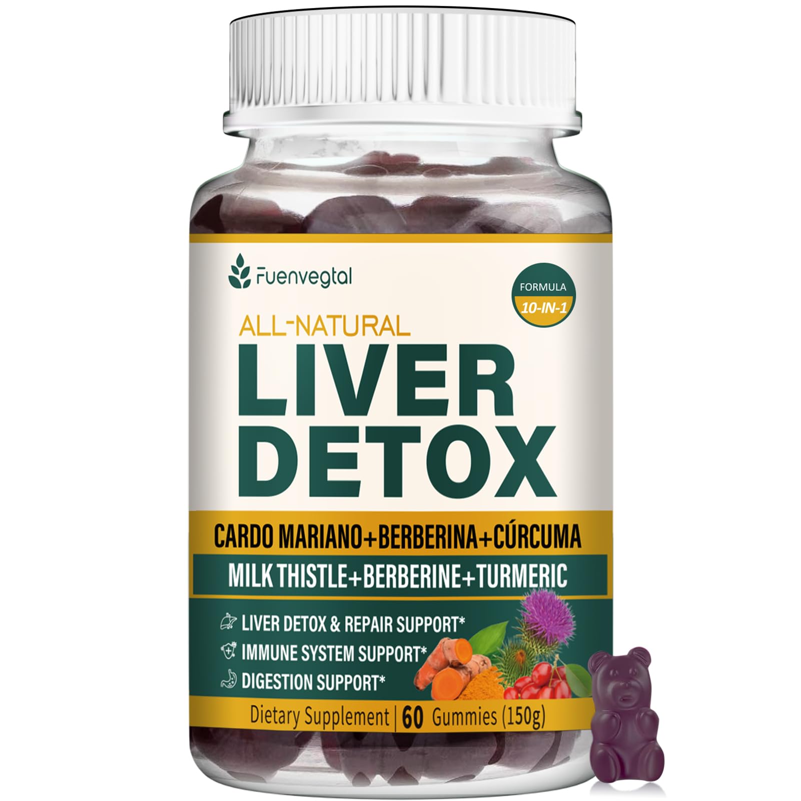 Milk Thistle (Cardo Mariano) Liver Detox Gummies, Gomitas de Alcachofa, Berberina, Curcuma y Silimarina para el Hígado Graso y Inflamado, Fatty Liver Support, Cleanse & Repair. 60Counts