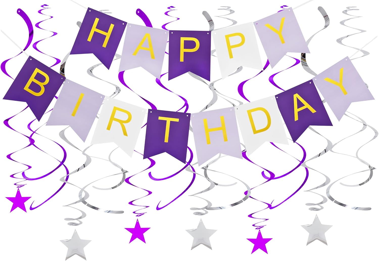 BEISHIDA Purple HAPPY BIRTHDAY Banner with 12pcs Purple and Silver Stars Hanging Swirls Garland Party Decorations Set