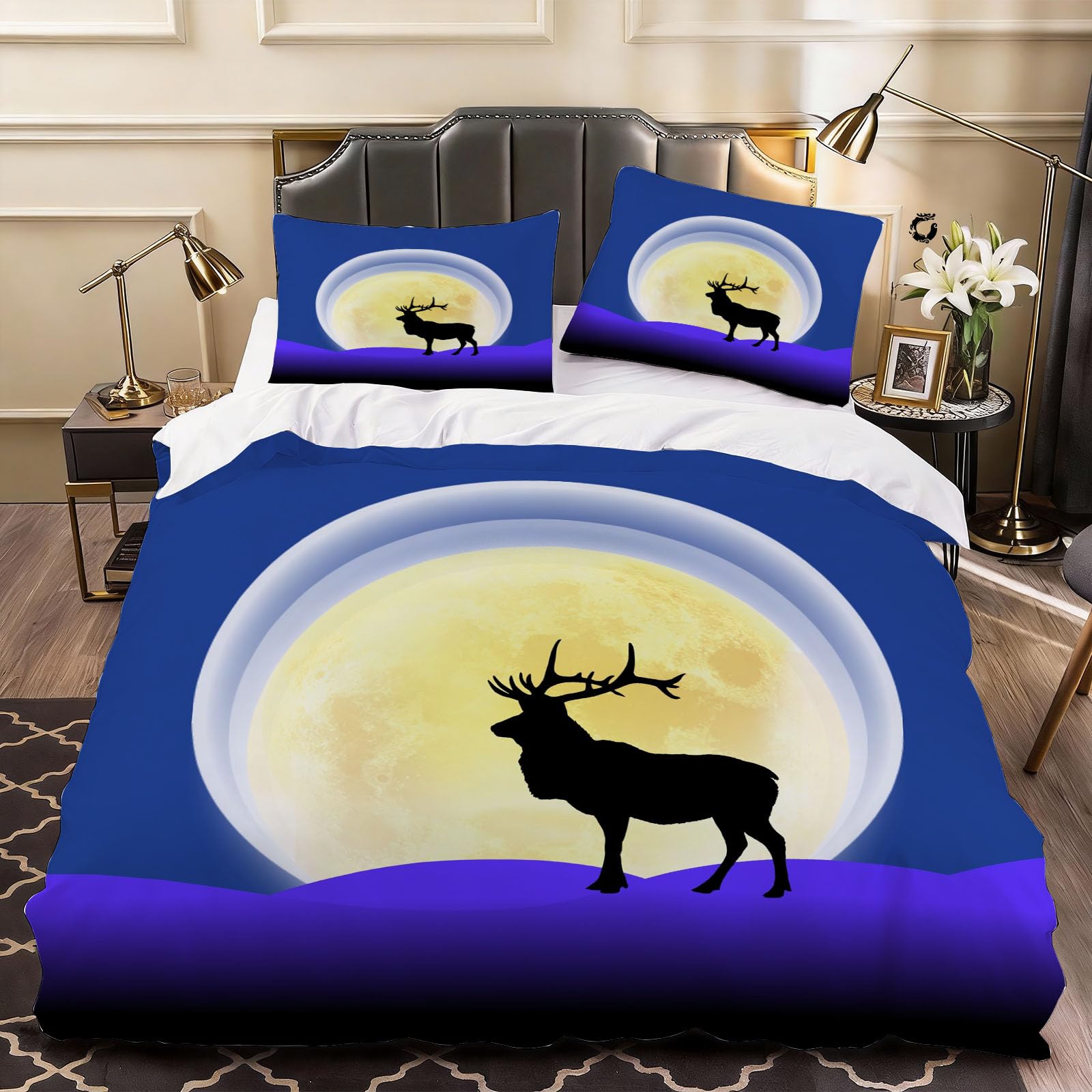 3D Deer Elk Duvet Cover Moon Bedding Double Bed Set, Soft Microfiber Comforter Cover Printed with Zipper Closure Quilt Coverr 200x200 cm and 2 Pillowcases