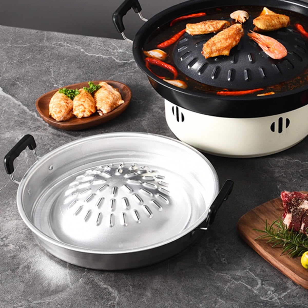 Wielofunkcyjna okrągła patelnia grillowa 35 cm - lekkie i przenośne koreańskie naczynia do grillowania - stal do biwakowania na świeżym powietrzu i akcesoria do grillowania