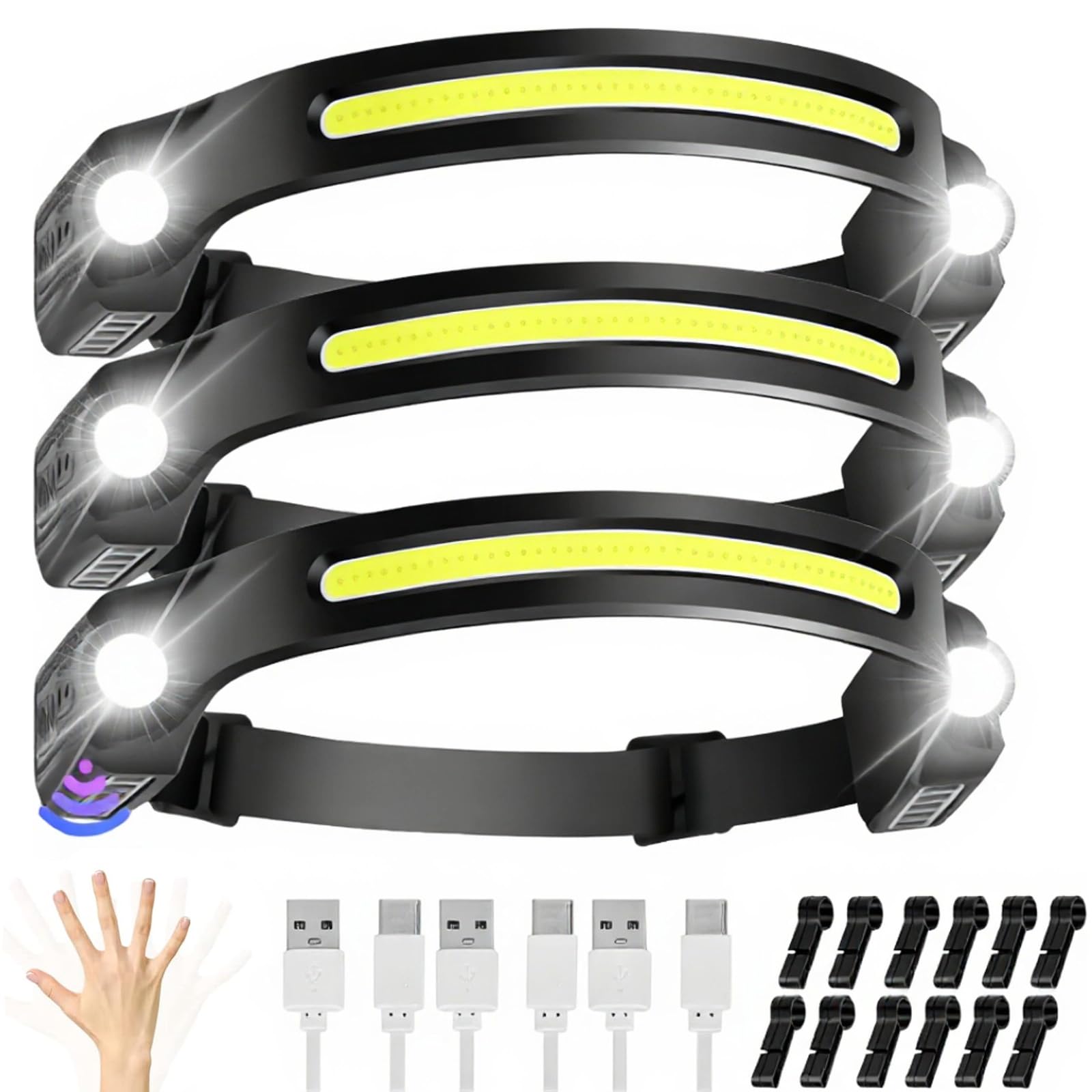 JIASESCS Head Torch Rechargeable,3 Packs Headlamp 6 Mods LED Headtorch Light Weight Super Bright with Motion Sensor & Waterproof Gift for Adults Kids Running,Camping,Hiking,Cycling and Night Fishing