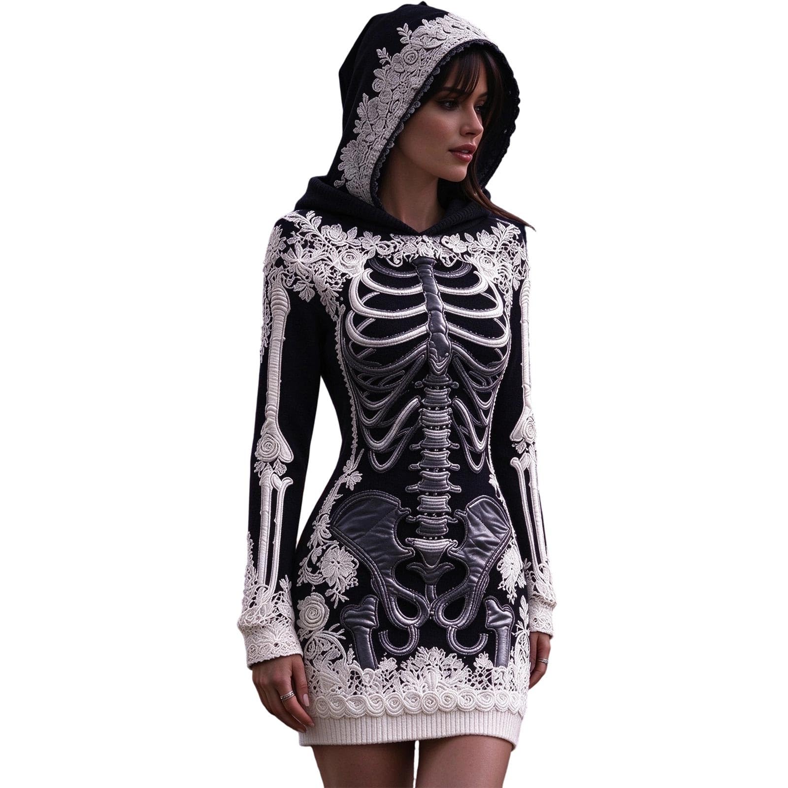 Halloween Dresses for Women UK Ladies Skeleton Print Maxi Dress Long Sleeve Halloween Costume Gothic Fancy Dress Costume Spooky Skeleton Printed A Line Long Gown Hooded Cape for Themed Party