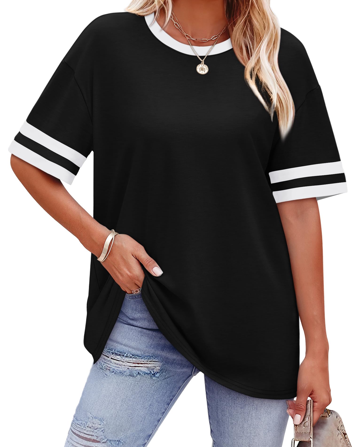 Womens T Shirts Loose Fit Short Sleeve Tees Crew Neck Color Block Summer Tops 2026 Fashion