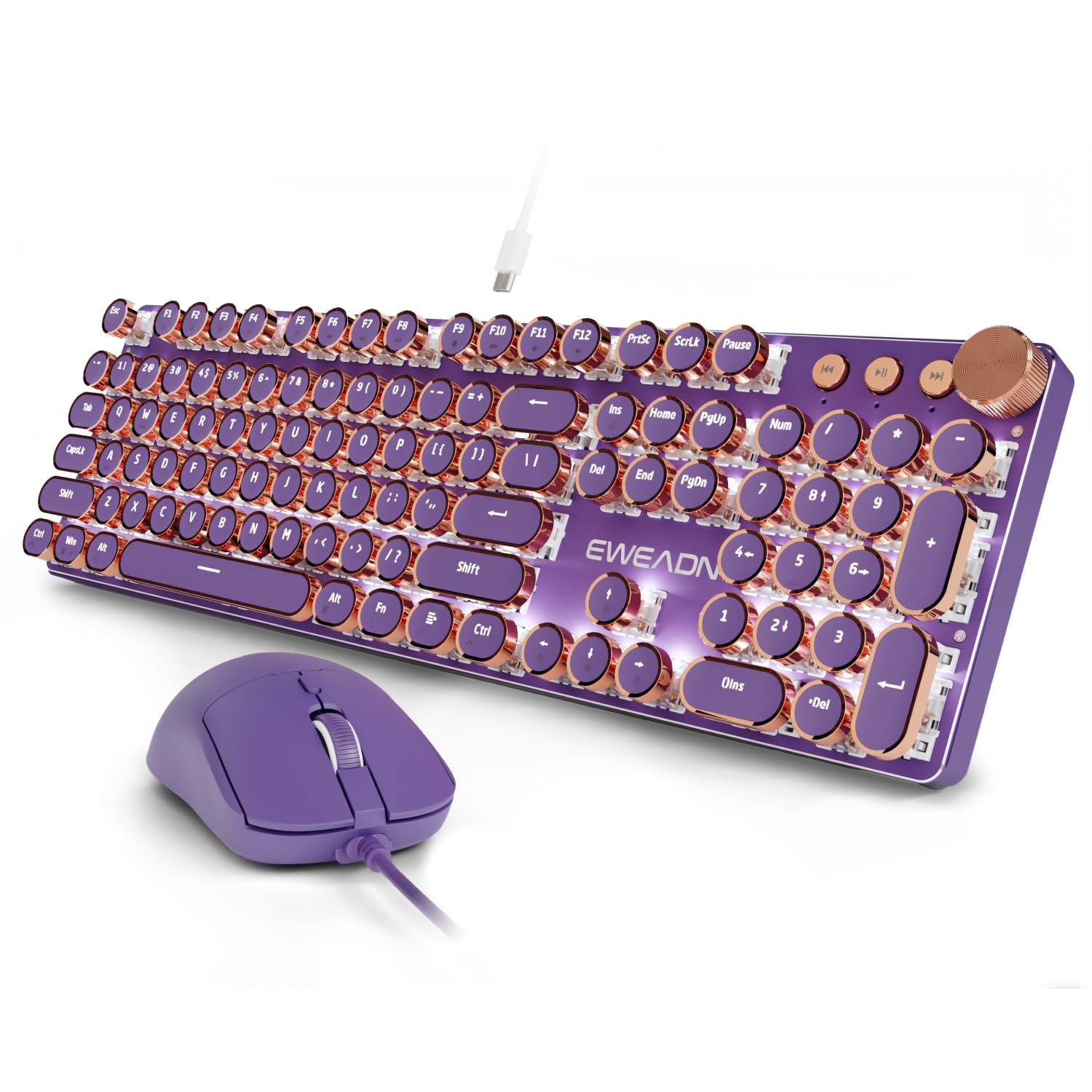 wired typewriter keyboard and mouse combo, low noise pink switch-purple | white backlit, retro punk keycaps, metal panel mechanical keyboard with knob for windows pc, mac, desktop, laptop, eweadn v20