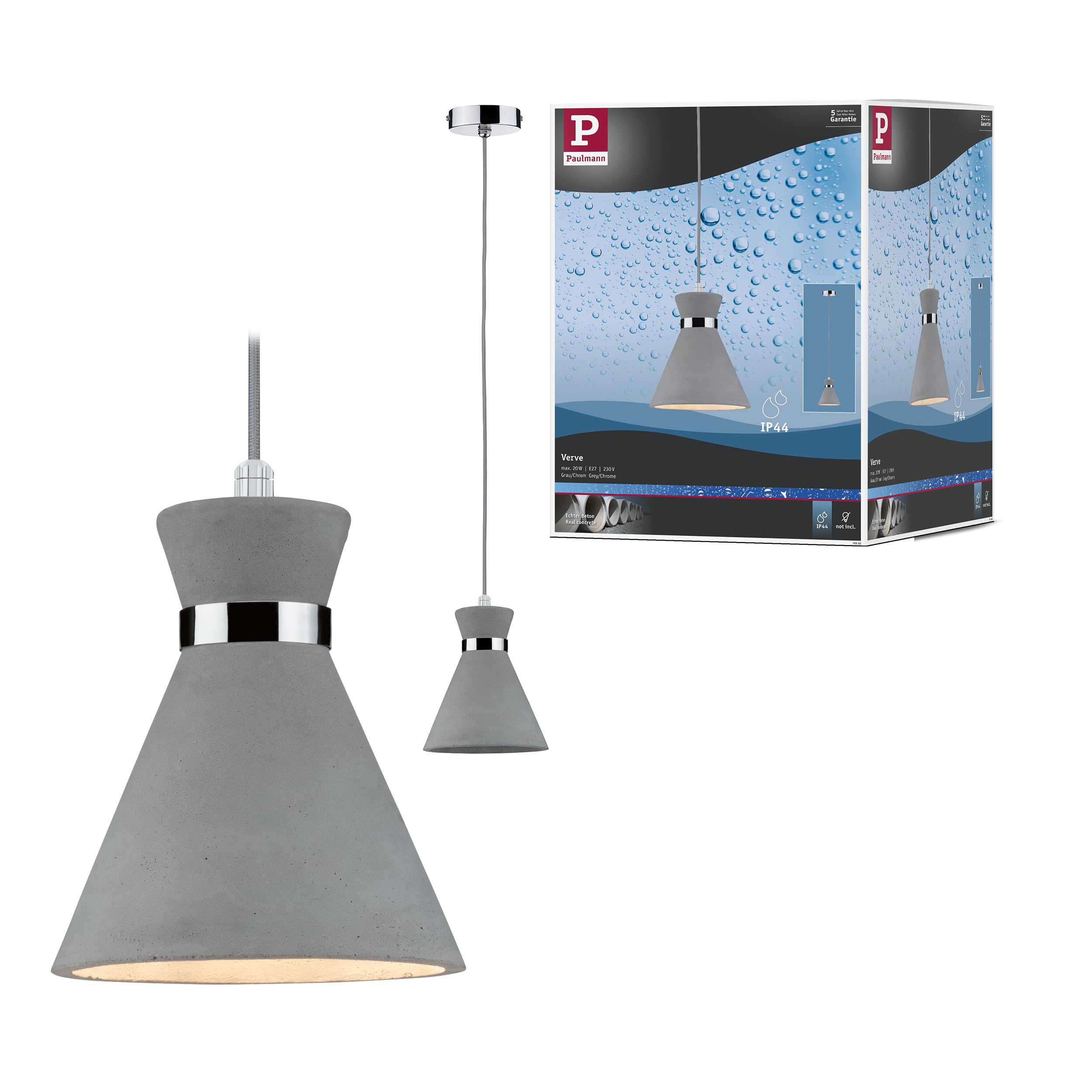Paulmann 70890 Pendelleuchte Verve max. 20 Watt Hängelampe IP44 Spritzwassergeschützt Deckenlampe Beton, Metall E27 ohne Leuchtmittel
