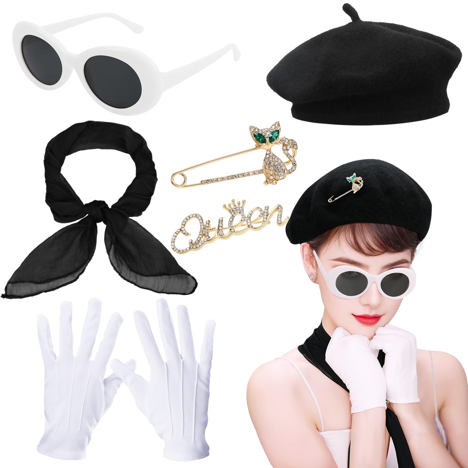 XEPST 6PCS Conjunto de disfraces Franceses-Vestido elegante de los años 50 para Mujer con Boina Francesa, Gafas de Sol, Bufanda, Guantes, Kit de Francés para Halloween Cosplay Carnaval
