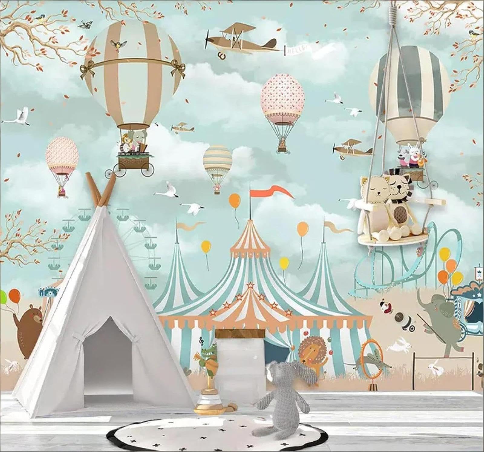 Xlming 150Cm×105Cm(B×H) Cartoon Fresh Aeroplane Hot Air Balloon Landscape 3D Wallpaper Luxury Silk Study Dining Feature Sofa Grey Bedroom Living Room Tv Decorative Wall-150Cm×105Cm