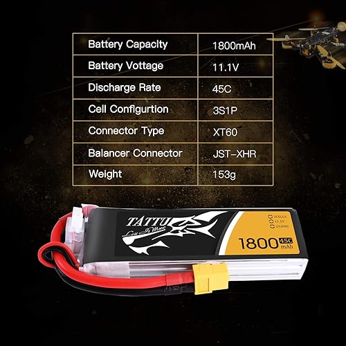 Miniatura 2 de Tattu Batería LiPo de 11.1V 1800mAh 3S 45C con enchufe XT60 para Skylark M4-FPV250 Mini trituradora 200 INDY250 PLUS MOJO 280 QAV250 Vortex Emax