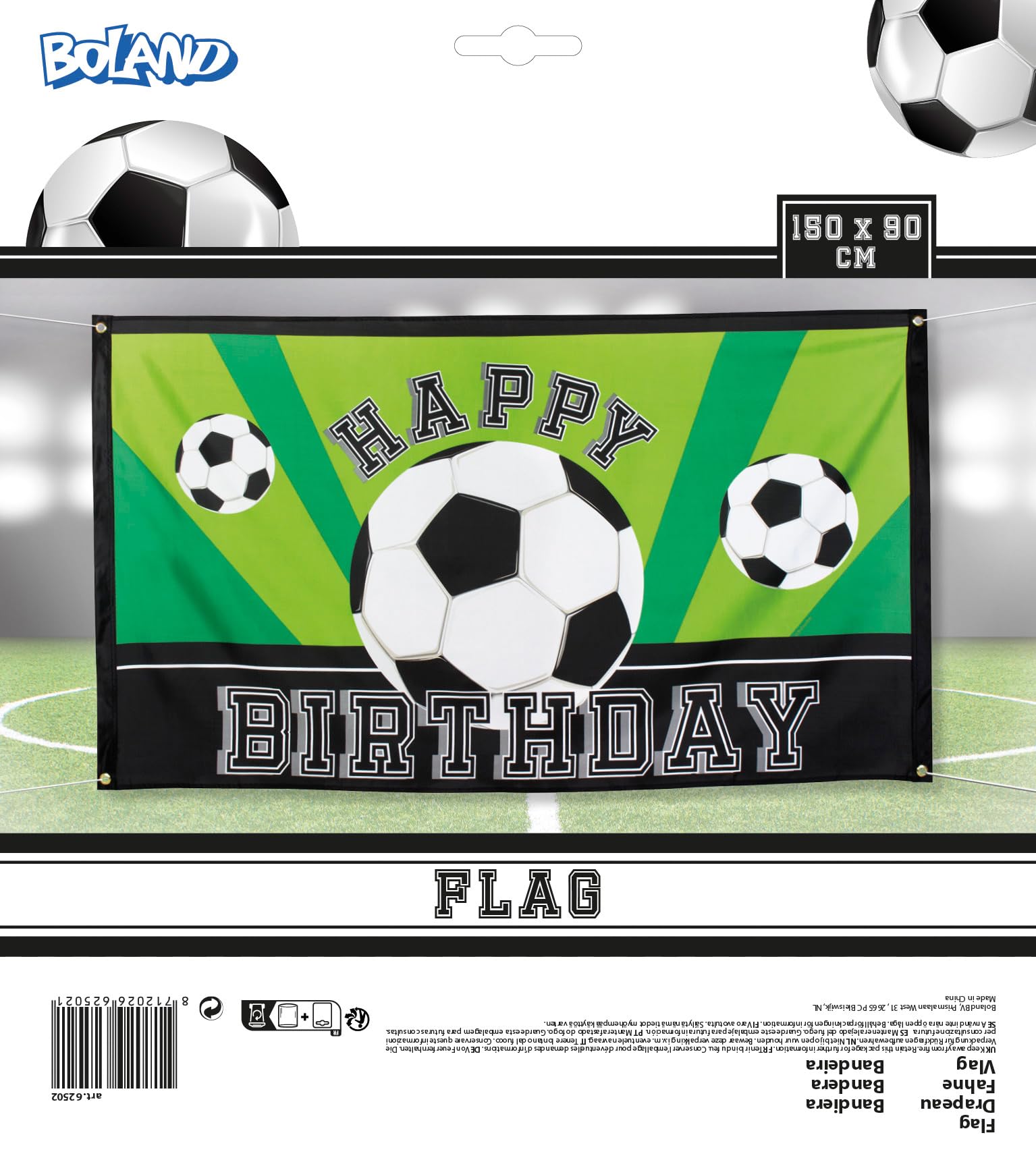 Boland Geburtstags-Fahne „Happy Birthday“ Mit Fußbällen – 90x150 Cm, Polyester, Für Fußball-Party-Deko, Inkl. Metallringe Zum Aufhängen